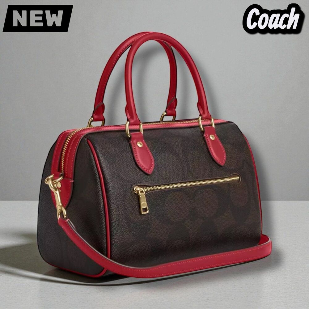 🔴Coach Rowan Satchel Bag in Maxi Signature Canvas – Gold/Red Trim - Picture 3 of 5